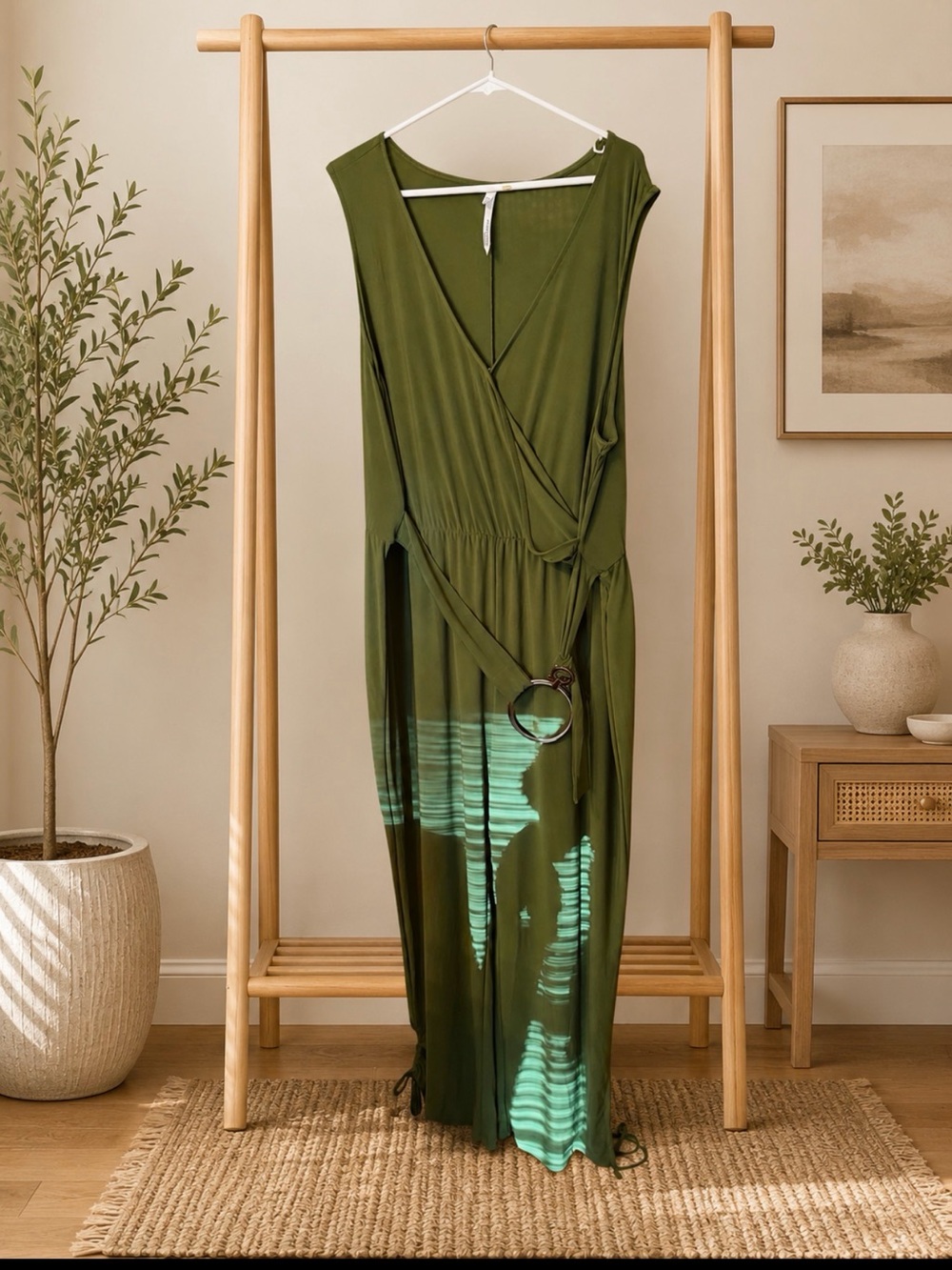 NY Collection Olive Green Wrap Maxi Dress with Self-Tie Waist